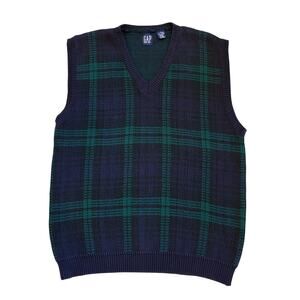 Vintage Gap Sweater Vest Mens XL Blue Green Tartan Plaid Knit V Neck Preppy 90s